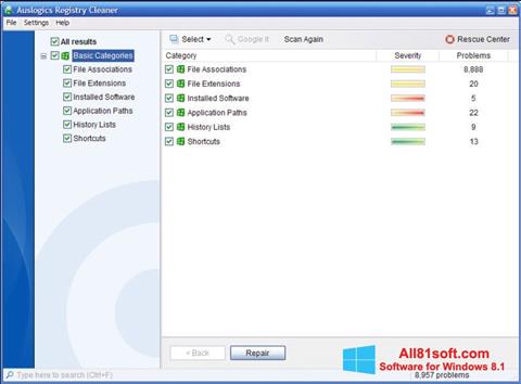 Снимка на екрана Auslogics Registry Cleaner за Windows 8.1