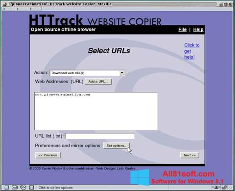 Снимка на екрана HTTrack Website Copier за Windows 8.1