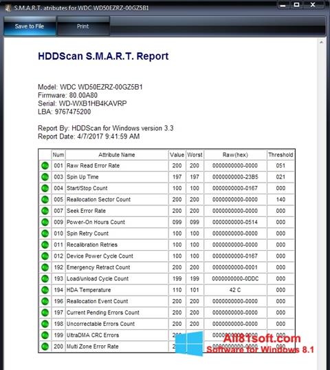 Снимка на екрана HDDScan за Windows 8.1