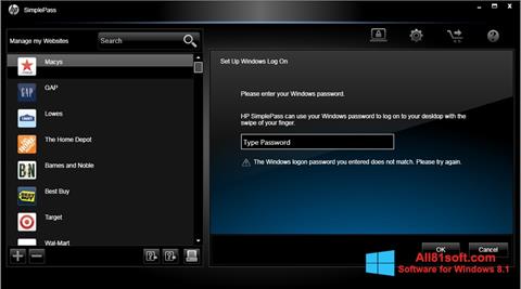 Снимка на екрана HP SimplePass за Windows 8.1