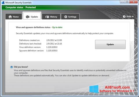 Снимка на екрана Microsoft Security Essentials за Windows 8.1