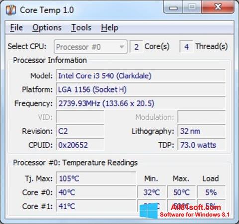 Снимка на екрана Core Temp за Windows 8.1