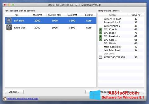 Снимка на екрана Macs Fan Control за Windows 8.1